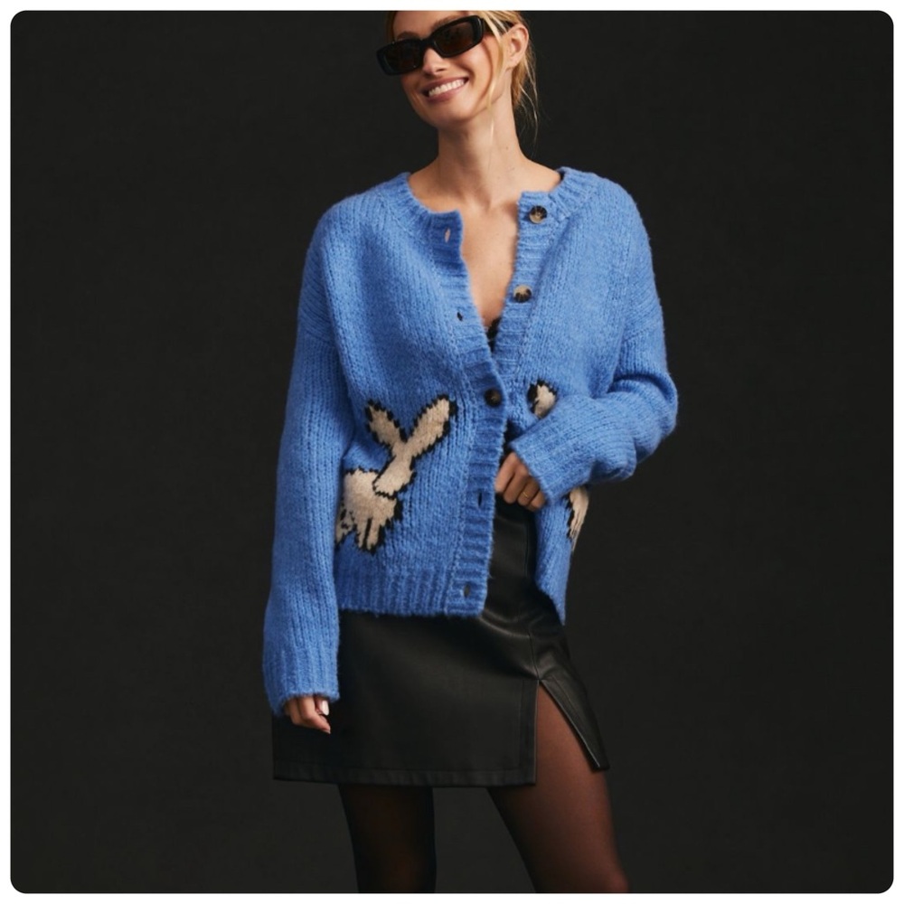 NWT Anthropologie Maeve Bunny Slope Cardigan front buttons Sweater in Blue, L - Picture 3 of 13
